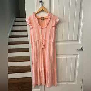 Tuckernuck Pink Ruffle Maxi Dress XS Boho Tiered Flowy Summer Vacation Beach